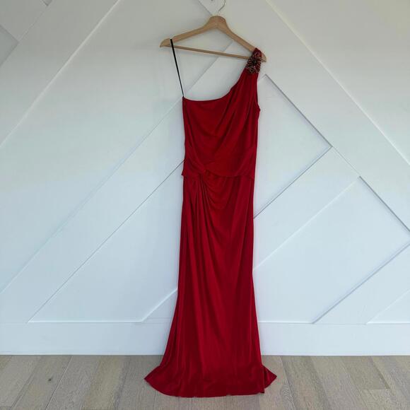 David Meister Vintage Red One-Shoulder Jeweled Evening Dress Size 8